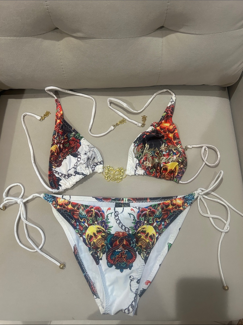 Christian Audigier White Bikini with Multicolor Baroque Skull Motif